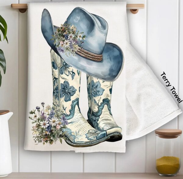 Western Blue & White Cowboy Boots Kitchen Terry Towel