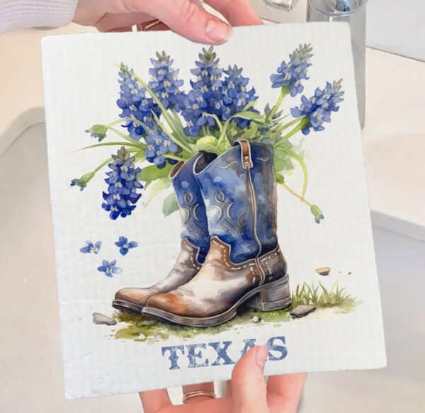 Bluebonnet Cowboy Boots Texas Swedish Dishcloth