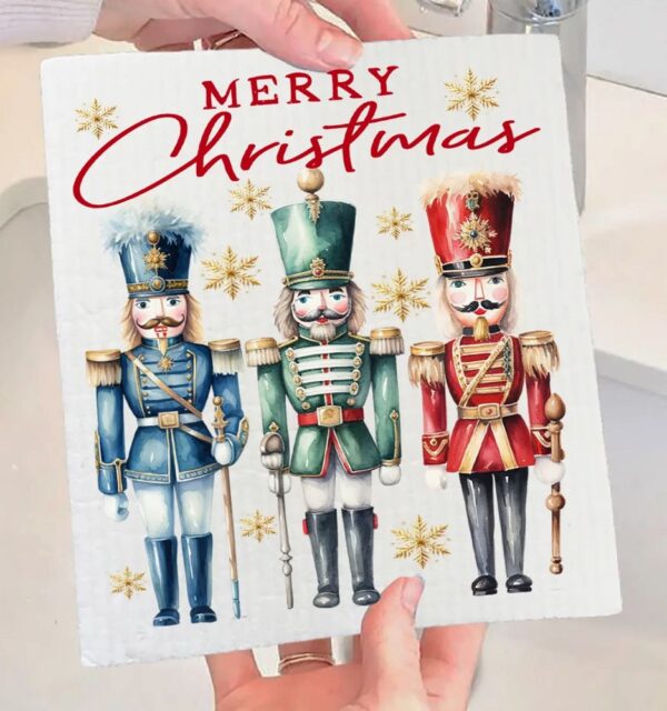 Merry Christmas Holiday Nutcrackers Swedish Dishcloth