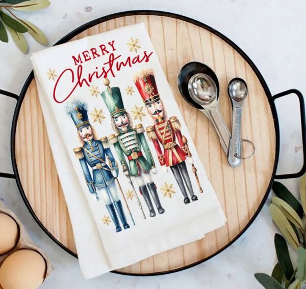 Merry Christmas Holiday Nutcrackers Tea Towel